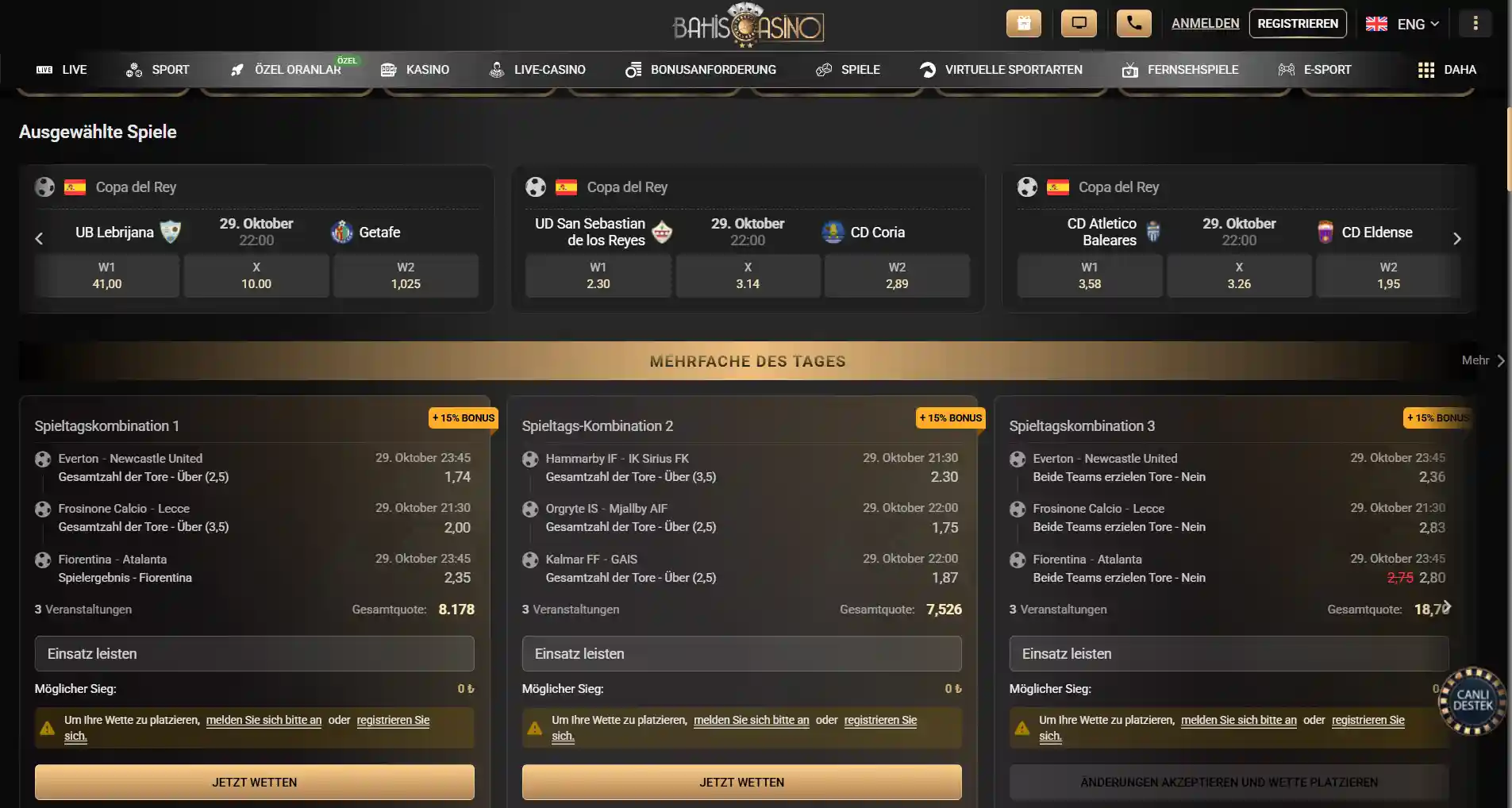 Startnavigation von Bahiscasino mit dem Zugang zum Sportwettenbereich